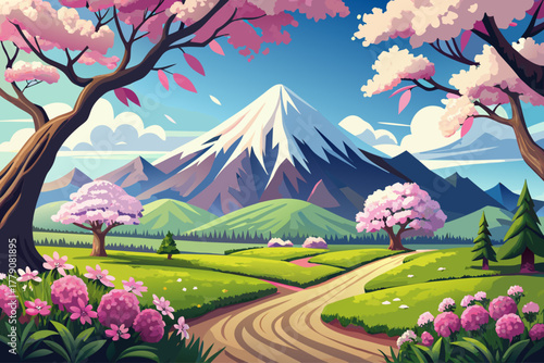 Beautiful spring landscape with snow-capped mountain peak and cherry blossom trees, scenic seasonal nature scene, peaceful countryside atmosphere, and vibrant flowery outdoor scenery.