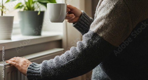 Hand warming over radiator. Man putting hand on hot central heating. Concept of gas price, energy crisis, cold winter season footage.