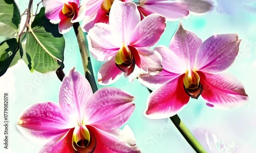 Luxurious Pink Orchids on a blue Backdrop Wallpaper