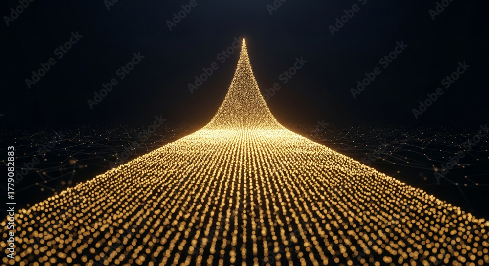 Fototapeta premium Golden dot matrix forms a growing structure, rising into a cone on black background, representing connectivity, growth, and a digital, futuristic concept