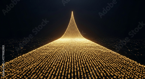 Golden dot matrix forms a growing structure, rising into a cone on black background, representing connectivity, growth, and a digital, futuristic concept