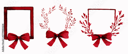 Set of red frames with bow and branch with leaves. Red watercolor frames for Christmas designs. Collection of frames with bows and branches of dried flowers.