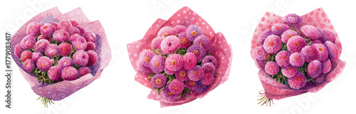 Set of watercolor asters bouquets. Pink and purple asters flowers wrapped in decorative paper. Romantic floral arrangement isolated on white background. Bouquets of flowers for gift.