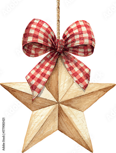Festive watercolor artwork of a wooden star hanging ornament adorned with a red and white bow for Christmas decor - vector illustration