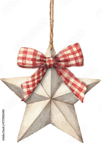 Charming watercolor painting of a wooden star ornament with red and white ribbon tied in festive Christmas style - vector illustration