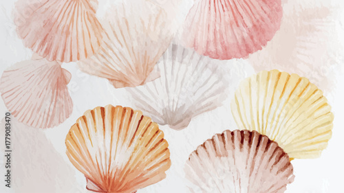 Watercolor arrangement of delicate seashells in coral blush pink and soft pastel seaside tones - vector illustration