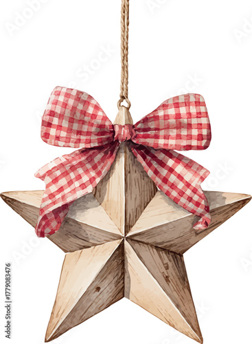 Watercolor depiction of a rustic wooden star ornament decorated with a red and white bow for cozy Christmas decor - vector illustration