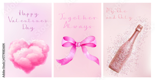 Set of Valentine's Day cards. Cute pink cards with a pink bow, a bottle of champagne with sparkles and a fluffy heart. Watercolor romantic cards. Cute flirty elements for Valentine's Day.