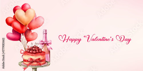 Happy Valentine's Day border with symbols of love. Watercolor heart-shaped balloons, a bottle of champagne decorated with a bow and a cherry cake. Romantic banner with greetings.