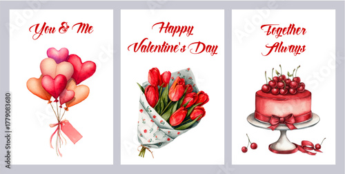 Romantic set of watercolor Valentine's Day cards. Cute minimalistic cards with cherry cake, tulip bouquet and heart-shaped balloons. Cute love elements for Valentine's Day, Mother's Day, March 8.