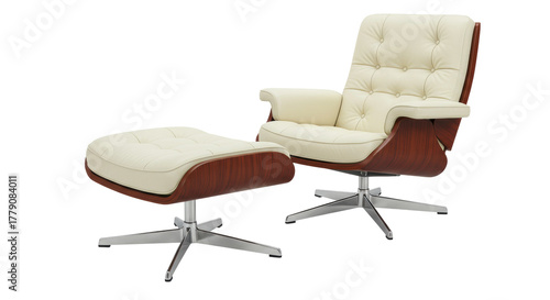 Elegant cream leather armchair and ottoman isolated, mid-century modern furniture for living room or office interior design
