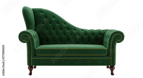 Elegant green velvet chaise lounge isolated on transparent background, luxurious couch for living room or bedroom interior design