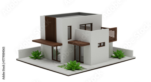 Modern house model isolated on transparent background, miniature architecture with minimalist design and landscaping for real estate concepts