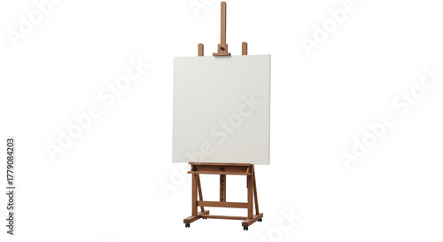 Wooden easel with blank canvas isolated on transparent background, art supply for painting and drawing projects PNG