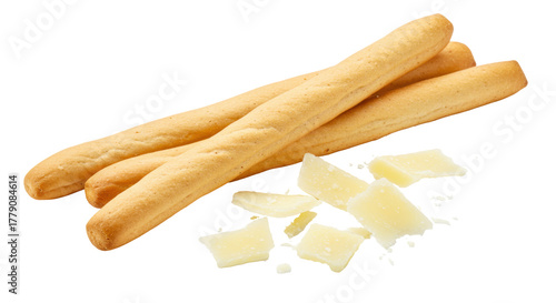 Photos Golden grissini breadsticks with parmesan cheese isolated, crunchy Italian snack