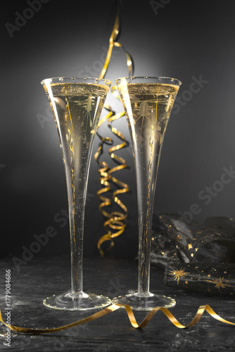New Year concept, with bright light and champagne glass, abstract bokeh background
