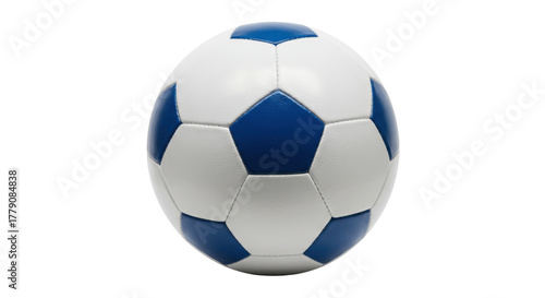 Blue and white soccer ball isolated on transparent background, classic football equipment for sports and recreation
