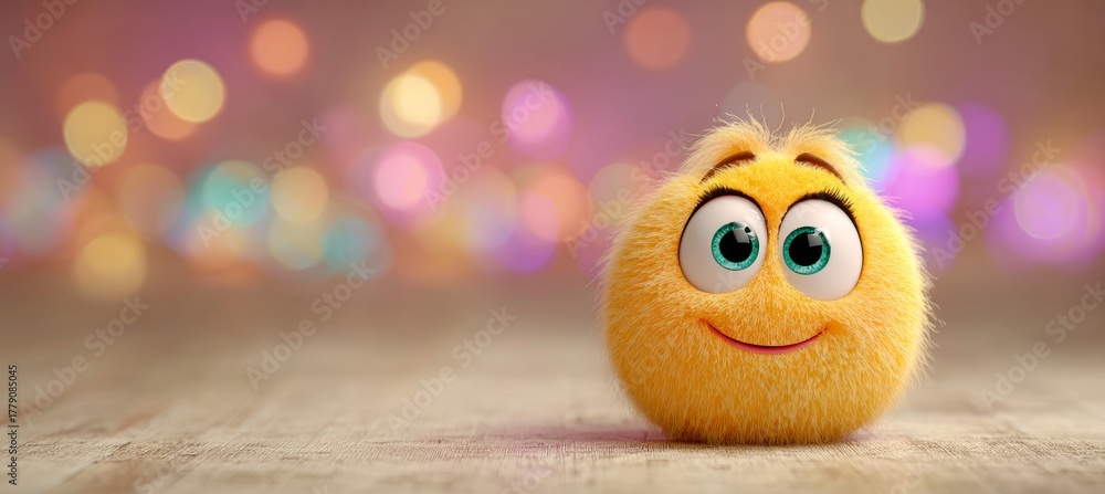 Naklejka premium Adorable 3D Yellow Emoji Character with Big Expressive Eyes on a Blurred Background for Text Use