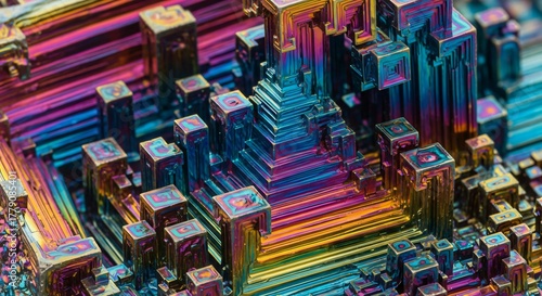 Closeup macro shot of a bismuth crystal structure with iridescent, rainbowlike colors and geometric cubic formations