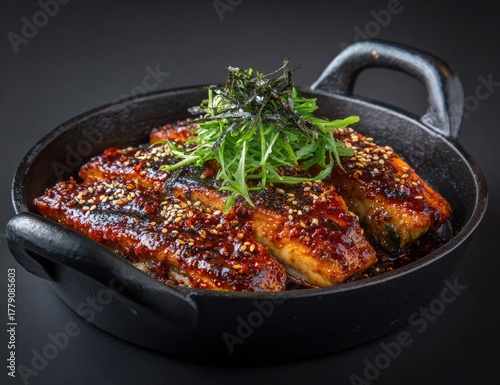 Glazed fish fillets with greens in a cast iron skillet