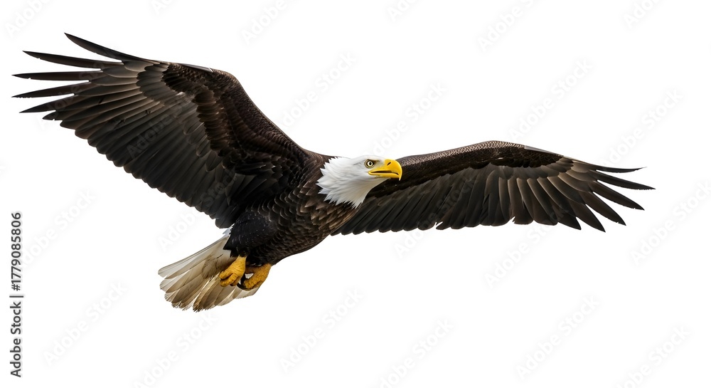 Fototapeta premium Bald eagle in mid-flight, isolated on transparent cutout background