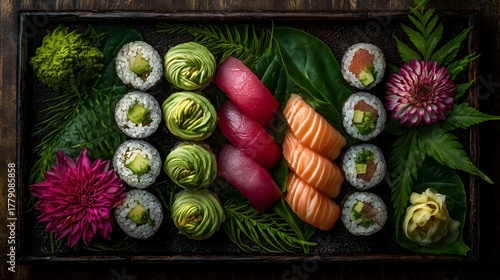Sushi Arrangement with Colorful Flowers and Green Leaves