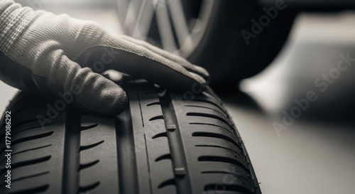 Close-up of gloved hand inspecting tire tread — ideal for car safety, tire inspection and automotive technology content.