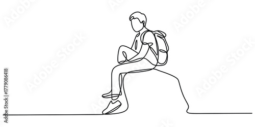 Continuous line drawing of person with backpack sitting to rest