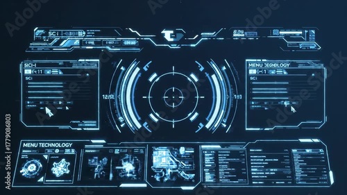 Futuristic HUD Display Interface - A detailed, illuminated interface screen, designed with a sci-fi aesthetic, displays complex technical data, menus, and targeting systems.
