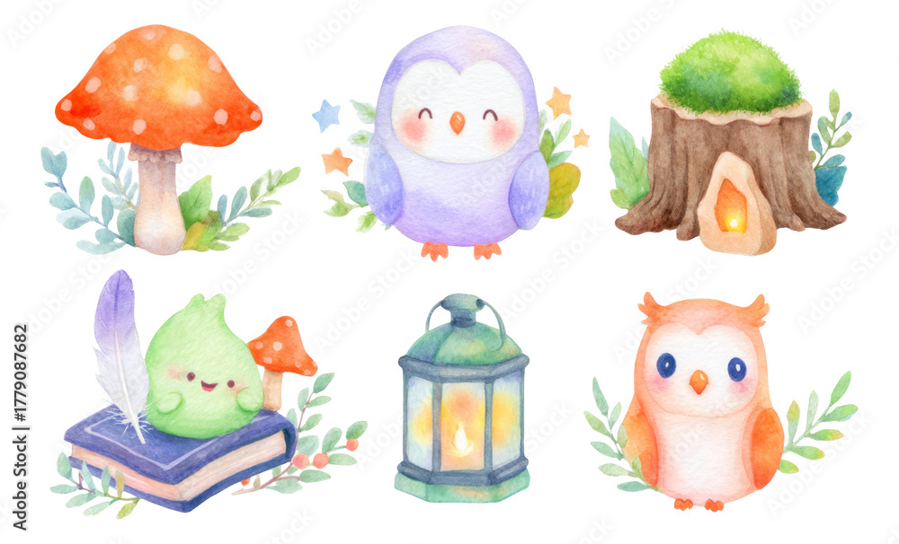 Naklejka premium Adorable Watercolor Illustrations of Forest Animals and Nature Elements Isolated