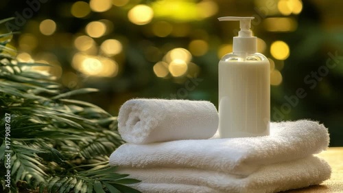White towels and lotion bottle on a wooden surface, surrounded by greenery