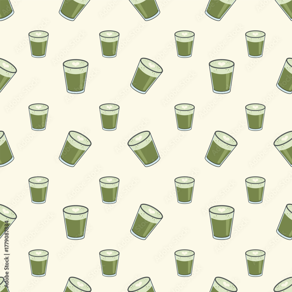 Obraz premium Seamless pattern of green matcha cups on soft beige, playful and modern. Perfect for cafe branding, food packaging, lifestyle, and wellness design themes.