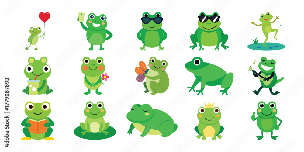 Obraz premium Collection of cute cartoon green frogs in various poses and outfits on a white background