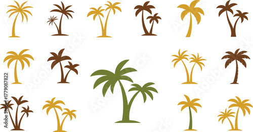 Palm tree colorful vector collection, tropical beach illustration set, exotic island design, summer holiday artwork, coastal paradise art, cad drawing flat vector illustration