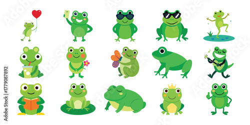 Collection of cute cartoon green frogs in various poses and outfits on a white background