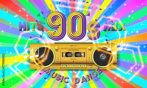Vector festive bright entertainment poster. 90s. Vintage gold cassette player with speakers. Music, dance, hits and mix. Colored rays, musical symbols and sparkles