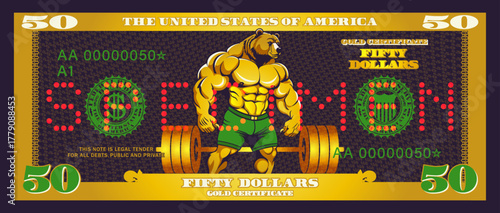Vector obverse of cartoon US banknote. Gold certificate, denominated in 50 american dollars. Toon powerful, muscular bear and barbell. Game golden money. Fifty. Ursine bodybuilding
