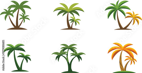 Palm tree colorful vector set, tropical beach illustration collection, exotic island design, summer holiday artwork, coastal paradise art, cad drawing flat vector illustration