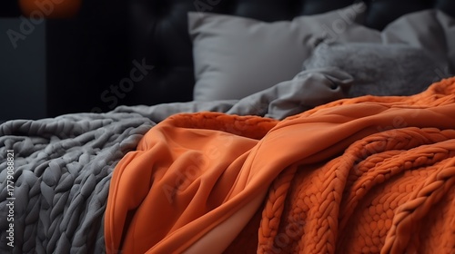 Snuggle up with vibrant orange and gray throws on a cozy bed for ultimate comfort and style, perfect for home decor inspiration