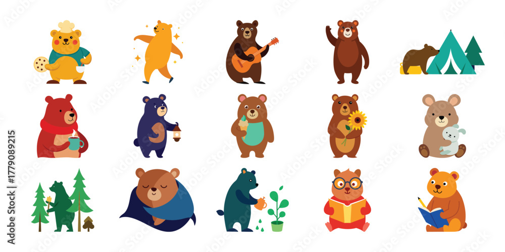 Obraz premium Collection of adorable cartoon bears engaged in various activities and hobbies on white background