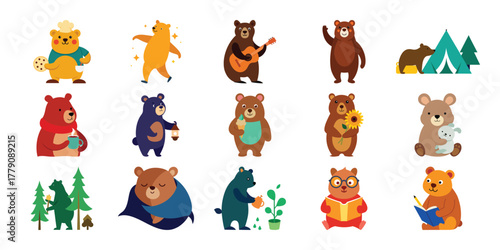 Collection of adorable cartoon bears engaged in various activities and hobbies on white background