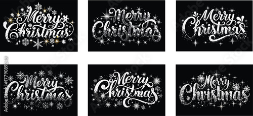 Set of six shimmering Merry Christmas designs in shades of white and silver