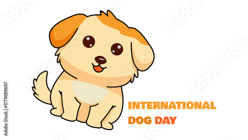 Happy brown dog with big eyes and International Dog Day text on white background, perfect for pet themes, kids content, celebration, and cute branding.