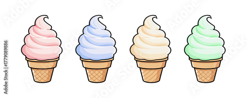 Four soft serve ice cream cones in pink, blue, cream, and green swirls on white background, perfect for summer treats, dessert themes, and kids content.