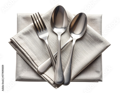 Elegant silverware set on a white linen napkin for a formal meal