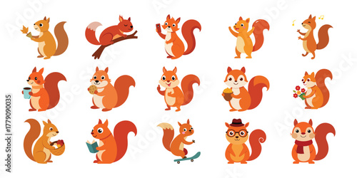 Collection of cute cartoon squirrels in various poses and outfits for autumn and winter themes