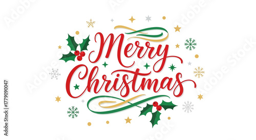 Festive Merry Christmas lettering design with decorative holly leaves, berries, and snowflakes on a white background