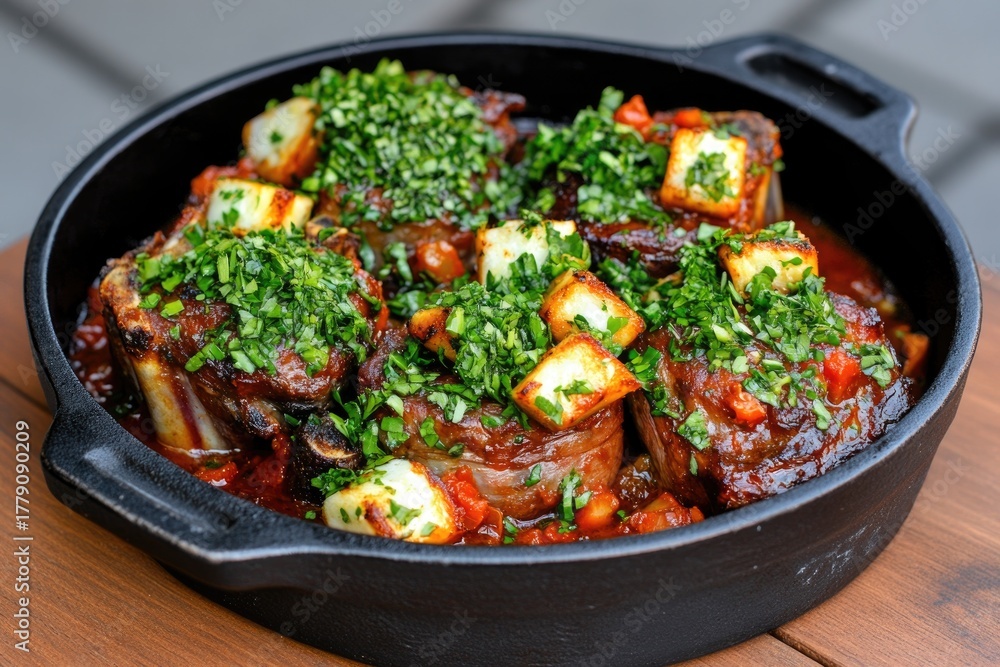 Fototapeta premium Succulent braised beef short ribs with fresh herb garnish in cast iron skillet
