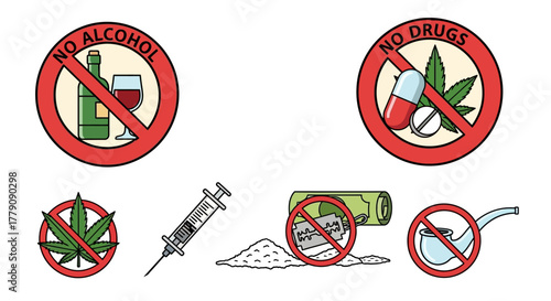 Collection of icons representing prohibited substances, including alcohol, drugs, and drug paraphernalia