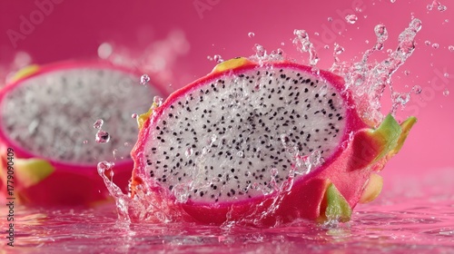 Sliced dragon fruit with water splash against a vibrant pink backdrop, showing detail
